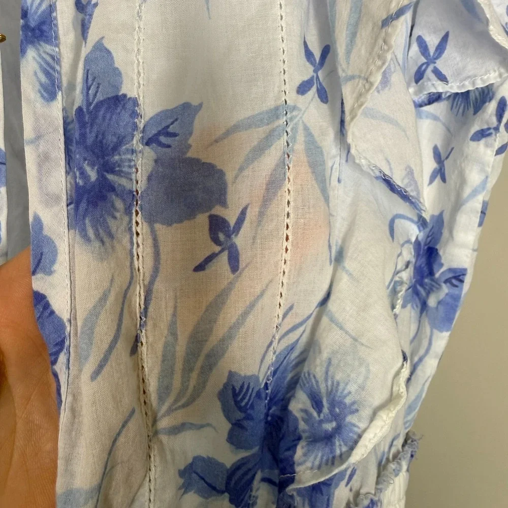 LoveShackFancy Womens XL Floral Mini Dress Blue White Ruffle Cotton